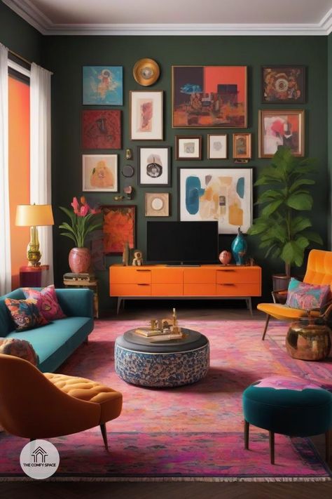 Does your home feel like a jumble of mismatched items? Time to unleash maximalism! This design trend is all about embracing the art of organized chaos. With vibrant colors and bold patterns, learn how to curate your space with style and grace. Whether you're a maximalist novice or a seasoned enthusiast, find the balance between eclectic pieces and harmonious design. #Maximalism #OrganizedChaos #DesignInspiration #HomeStyle #ColorfulLiving#Maximalism #OrganizedChaos #DesignInspiration #HomeStyle #ColorfulLiving Maximalist Home Design, Soft Maximalist Decor, Cozy Maximalist Living Room, Midcentury Maximalist, Mcm Maximalist, Bright Maximalist Decor, Contemporary Maximalism, Interior Design Maximalist, Mcm Room