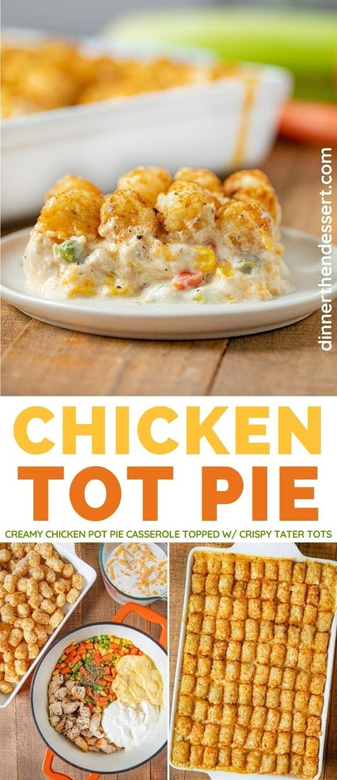 Chicken Tot Pie is an easy fun twist on classic pot pie, topped with crispy tater tots! #dinner #chickenpotpie #tatertots #casserole #potpie #tatertotcasserole #tatertothotdish #dinnerthendessert Tatertots Casserole, Pie Chicken, Dinner Then Dessert, Tot Casserole, Tater Tot Casserole, Pot Pies Recipes, Tater Tots, Easy Casserole Recipes, Chicken Pot