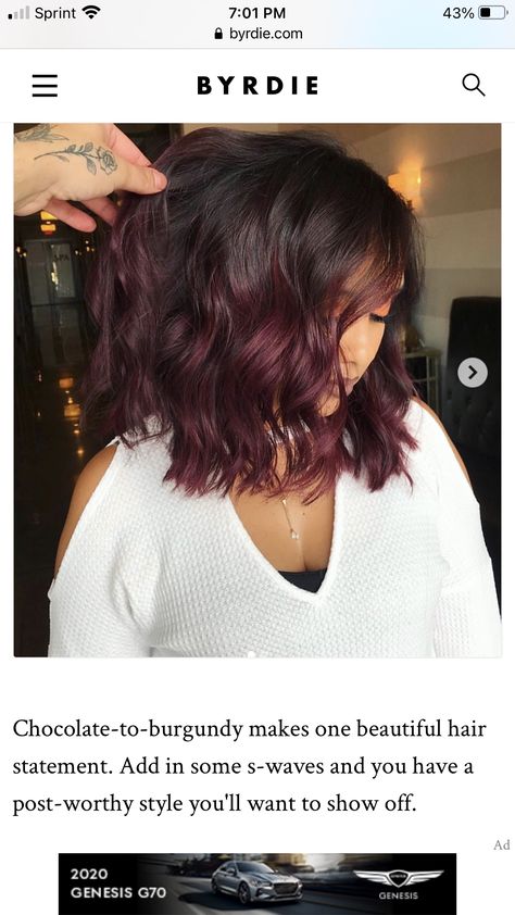 Brunette Plum Balayage, Plum Burgundy Hair With Highlights, Purple Lowlights In Light Brown Hair, Fall Hair Colors For Dark Brown Hair, Red Highlights On Short Hair, Short Dark Fall Hair, Plum Short Hair, Chocolate Plum Hair Color, Brown Hair With Burgundy Balayage