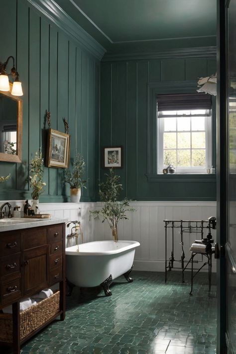 home decorating, home interior design, interior bedroom design, home paint colors Bathroom With Green Floor, Forrest Green Bathroom, Color Drenched Bathroom, Moody Green Bathroom, Pewter Green Sw, Green And White Bathroom, Moody Bathrooms, Vintage Green Bathroom, Dark Green Bathroom