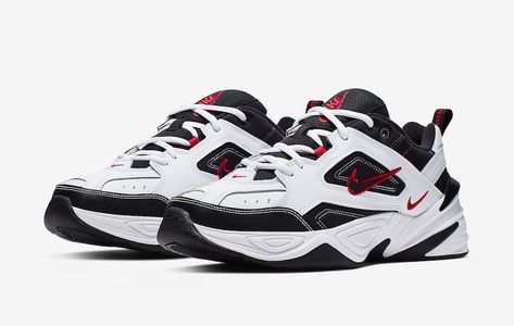 Nike M2K Tekno (White/Black/University Red) Nike M2k Tekno White, M2k Tekno White, Nike Monarch, Nike Skateboarding, Nike Air Monarch, Nike M2k, New Nike Shoes, Dad Shoes, Nike Basketball Shoes