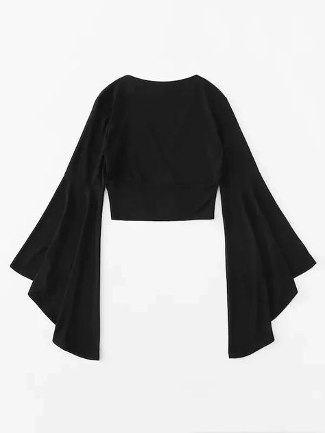 Wrap Crop Tops, Spring Outfits Women, Flounce Sleeve, Bridal Lingerie, Tops Fall, Cropped Top, Black Crop Tops, Flared Sleeves, Fashion Tops