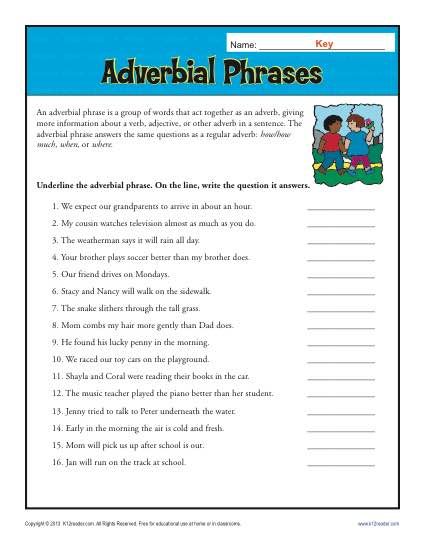 Adverbial Phrases Worksheet Activity Adverb Phrases, Adverbial Phrases, Grammar Notebook, Adverbs Worksheet, Prepositional Phrases, Nouns Worksheet, Verb Worksheets, English Grammar Worksheets, Grammar Worksheets