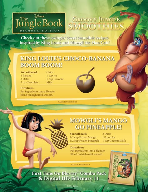 Get ready for #TheJungleBook Diamond Edition with these delicious smoothie recipes! Disney Breakfast Recipes, Disney Cookbook, Movie Recipes, Disney Themed Movie Night, Disney Movie Night Food, Disney Inspired Recipes, Disney Baking, Disney Themed Food, Disney Movie Night Dinner