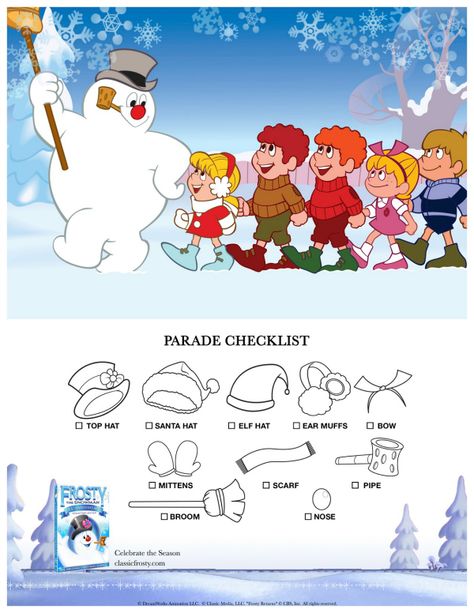 Frosty The Snowman Printable Christmas Parade Checklist Frosty The Snowman Movie, Frosty The Snowman Characters, Cute Checklist, The Snowman Movie, Snowman Printable, Christmas Window Painting, Christmas Classics, Printable Snowman, Holiday Parades