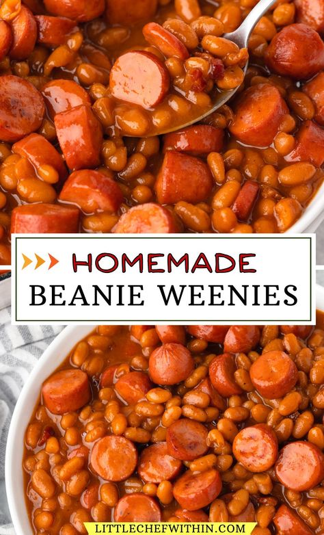 Make your own classic Homemade Beanie Weenies with just a few simple ingredients! This budget-friendly recipe combines hot dogs, baked beans, and a savory sauce for a cozy, nostalgic dish that’s perfect for busy weeknights or family gatherings. A Frank and Beans dish. Hot Dog Baked Bean Casserole, Recipes Using Weiners, Hot Dog And Bean Casserole, Frank And Beans Recipe, Beanie Weenies Recipes Crock Pot, Baked Beans Dinner Meals, Wieners And Beans, Beanies And Weenies Recipes, Franks And Beans Recipe