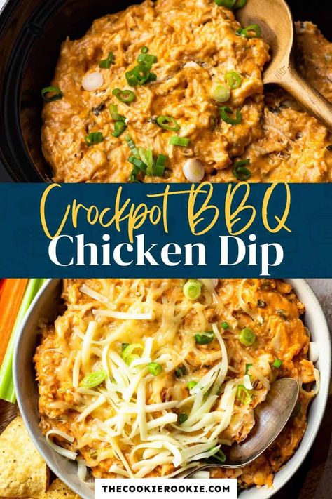 Crockpot BBQ Chicken Dip Recipe - The Cookie Rookie® Bbq Chicken Dip Recipe, Chicken Dips Crockpot, Bbq Chicken Dip, Dip Recipes Crockpot, Crockpot Bbq Chicken, Dip Recipes Hot, Easy Bbq Chicken, Boiled Chicken Breast, Crock Pot Dips