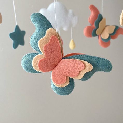 Felt Butterfly Mobile, Felt Mobile Baby, Felt Mobiles, Felt Butterflies, Rain Droplets, Felt Butterfly, Felt Baby Mobile, 3 Butterflies, Dolls Handmade Diy