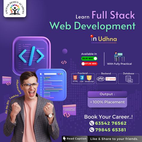 Now Learn Full Stack Web Development in Udhna, from Anupam Design Academy. Join our online & offline course for hands-on practical experience.Get 100% placement assistance.🤝 Contact Anupam Design Academy at 63542 76562 today! Full Stack Web Developer, Full Stack Development, Hiring Poster, Web Development Course, Basic Hand Embroidery Stitches, Social Media Branding Design, Media Branding, Galaxy Wallpaper Iphone, Full Stack Developer