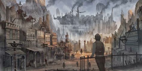 Steampunk Town Steampunk Environment, Ville Steampunk, Steampunk Building, Steampunk Concept, Steampunk Western, Buildings Artwork, Space Western, Steampunk City, Steampunk Artwork