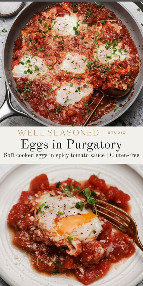 This quick and easy Eggs in Purgatory recipe is a savory, protein-packed meal that can be enjoyed for breakfast, lunch, or dinner. Fresh eggs are gently poached in a spicy tomato sauce until the whites have set, but the yolks remain soft. Serve with grated Parmesan cheese and fresh herbs. Gluten-free. #wellseasonedstudio #eggs #eggsinpurgatory #spicytomatosauce Eggs In Purgatory Recipe, Eggs In Purgatory, Creamy Grits, Italian Diet, Brunch Spread, Spicy Tomato Sauce, Homemade Tomato Sauce, Easy Eggs, Quick Weeknight Meals