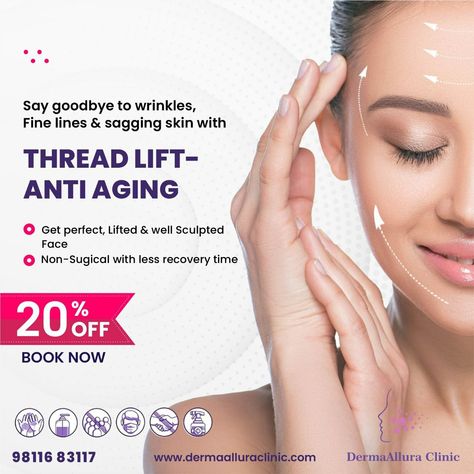 The thread lift works on the sagging skin and redefines the face. It stimulates collagen in a skin that helps the skin to retain volume and hydration making it look youthful again. The procedure is minimally invasive and offers progressive rejuvenation to the facial tissues. This cosmetic effectively tightens and lifts up drooping skin of cheeks, eyelids, jowls, neck and also helps in reducing roundness of the face. It works well for men & women. For more details call us or book an appointment Thread Lift Face, Thread Lift, Collagen Facial, Facial Tissues, Neck Lift, Skin Clinic, Face Lift, Sagging Skin, Book An Appointment