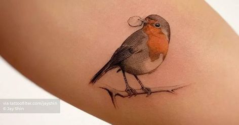 Robin Tattoo Ideas, Robin Tattoos, Paintbrush Tattoo, Birds Robin, Robin Bird Tattoos, Blue Flower Tattoos, Cool Nature Tattoos, Robin Tattoo, Cover Up Tattoos For Women