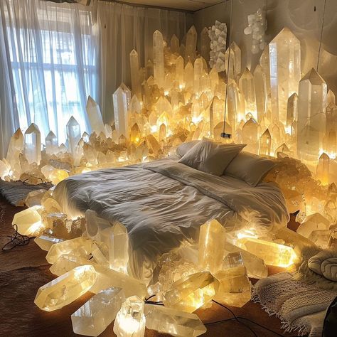 Would you stay in these room? These images are generated using AI #crystals #gemstone Crystal Interior Design, Brittany Aesthetic, Crystals Room, Crystal Interior, Gold Interior Design, Fantasy Interior, Funny Furniture, Mini Adventures, Peace And Positivity