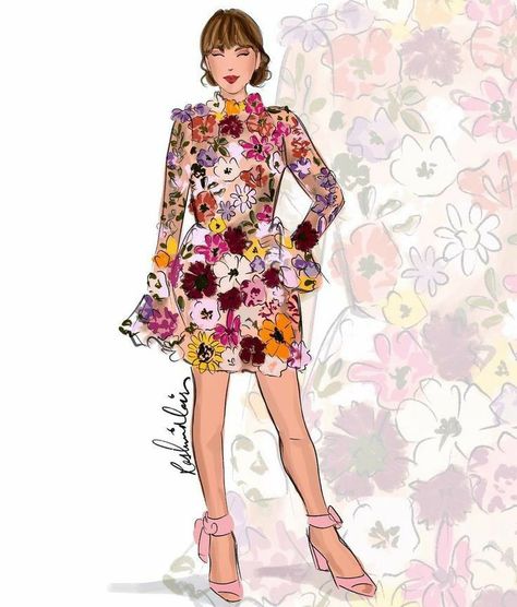 Taylor Swift Floral Dress, Taylor Swift Biography, Grammy Dresses, Taylor Swift Drawing, Taylor Swift Dress, Scrapbook Inspo, Swift Aesthetic, Met Gala Outfits, Fashion Illustration Watercolor