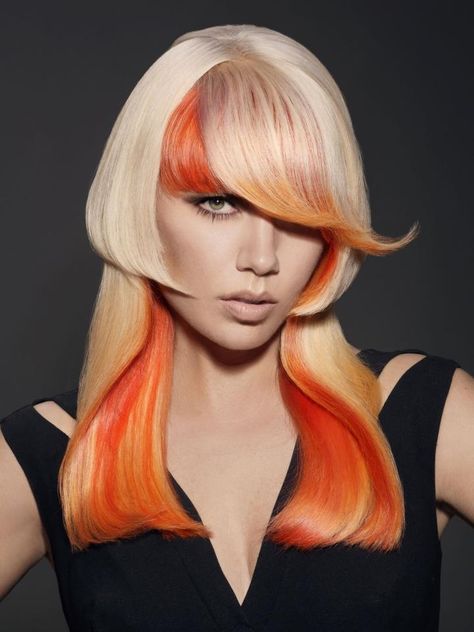 Blonde/orange sunset hair Unusual Hair Colours, Sunset Orange Hair, Unusual Hairstyles, Dancing In The Sunset, Bamboo Moodboard, Orange Blonde Hair, Futuristic Hairstyles, Sunset Hair Color, Orange Hair Color