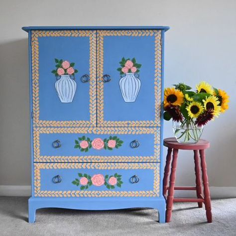 Anna Coleborn (@annasarthouse) • Instagram photos and videos Floral Tv Stand, Floral Painted Nightstand, Floral Furniture Stencil, Folk Painted Cabinet, Folk Painted Chest Of Drawers, Pink Color Combination, Forest Animal Nursery, Craft Cupboard, Bohemian Furniture