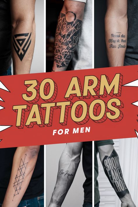 30 different arm tattoo designs for men, featuring geometric shapes and textual elements. Coolest Forearm Tattoos For Men, Male Arm Tattoo Ideas, Male Forearm Tattoo Ideas Half Sleeves, Forearm Tattoo Bands For Men, Male Arm Tattoos Forearm, Sleeve Starter Tattoo Ideas Men, 2024 Tattoo Ideas Men, Men S Tattoo Sleeve, Men Forearm Tattoos With Meaning