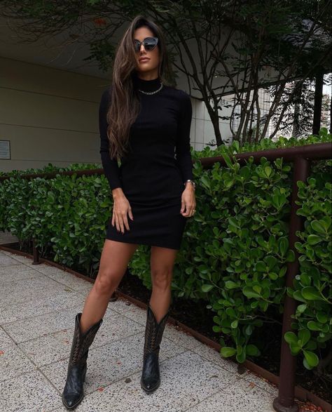 Black Cowboy Boots Dress Outfit, Black Dress And Cowgirl Boots, Black Cowgirl Boots Outfit Winter, Black Cowboy Boots Outfit Winter, Cowboy Boots Dress Outfit, Dress With Western Boots, Black Cowgirl Boots Outfit, Womens Black Cowboy Boots, Cowboy Boots Outfit Winter