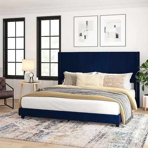 Navy Bed Frame, Navy Blue Headboard, Navy Headboard, Blue Headboard, Velvet Bed Frame, Blue Bedroom Decor, Luxury Bedroom Decor, Wingback Headboard, Bedroom Headboard