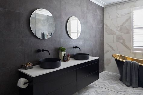 Hayden & Sara | Master Ensuite featuring double Rifco Cirque Mirror cabinets & an Acqua vanity Black Bathroom Sink, Ensuite Ideas, Shaving Cabinet, Master Ensuite, Grey Bathroom, Faucet Accessories, Chrome Bathroom, Ensuite Bathroom, Bathroom Trends