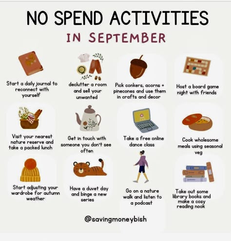 No Spend Activities, Activities For September, Coffee Syrups, Duvet Day, Monthly Activities, Youtube Cooking, Dance Exercise, Hygge Life, No Spend