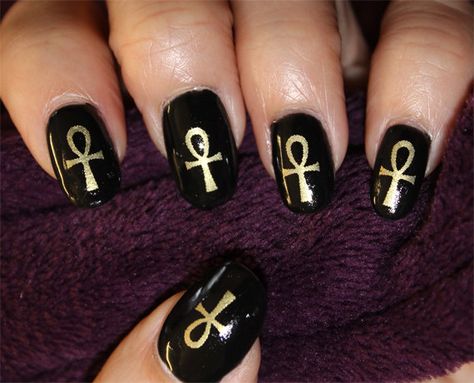 Egypt Nails, Egyptian Nails, Cross Nail Art, Egyptian Cross, Cross Nails, Crazy Nail Art, The Ankh, Pretty Nail Colors, Nails Gold