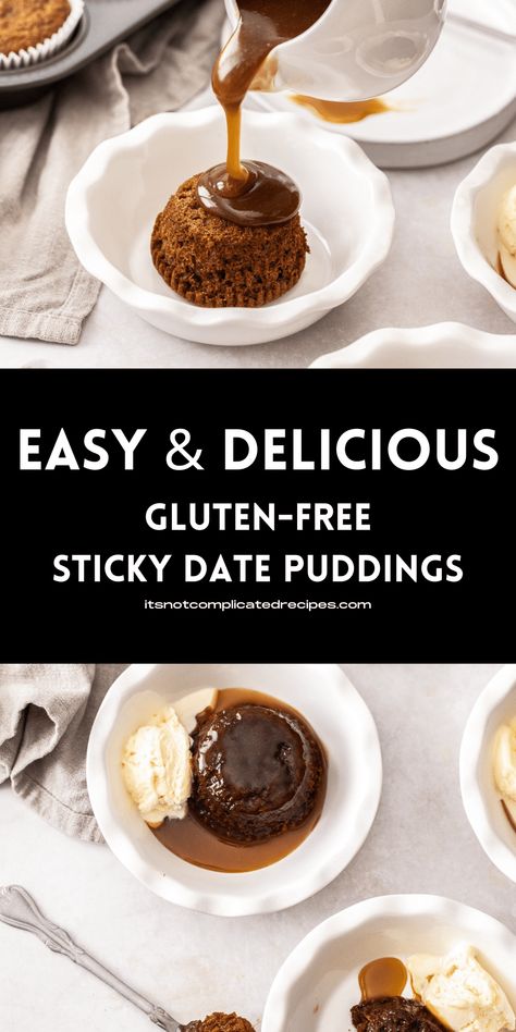 My Gluten-Free Sticky Date Puddings are an easy dessert and a guaranteed crowd-pleaser. Also known as Sticky Toffee Pudding, this rich, luxurious dessert is pure comfort food at its best! We top sweet date sponges with salted toffee sauce and serve with our No-Churn Vanilla Ice Cream. You will love the juxtaposition of hot against cold! Bread Pudding With Rum Sauce, Bread Pudding With Bourbon Sauce, Bread Pudding With Caramel Sauce, Gluten Free Pudding, Celebration Recipes, Sticky Pudding, Gf Sweets, Sticky Date, Salted Toffee