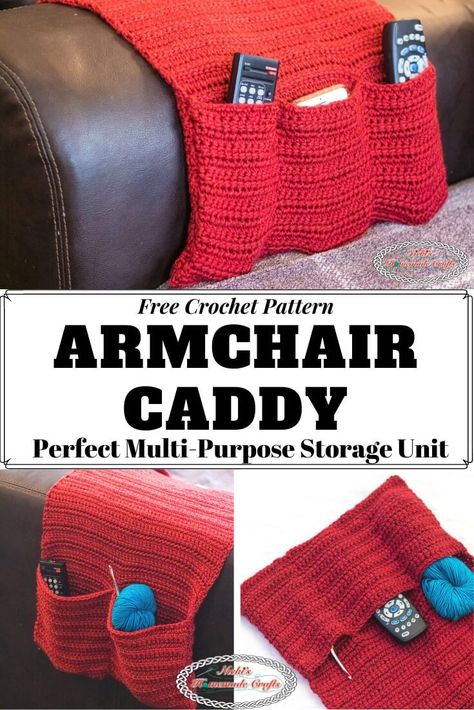 Learn how to crochet the Armchair Caddy which is the ultimate storage unit to store your remotes, yarn, crochet hooks and books and so much more. This free crochet pattern is easier than you might think. It's the perfect weekend project. Made for your sofa, chair, bed, wheelchair and stroller. #crochet #pattern #crochetpattern #freecrochetpattern #armchaircaddy #caddy #sofa #bed #chair #storage #crochettechniques #singlecrochet #tutorial #crochettutorial #winter #fall #diy #diyideas #giftideas Table Crochet, Crochet Organizer, Bracelets Easy, Crochet Baskets, Yarn Storage, Bed Chair, Crochet Stitches Video, Chair Storage, Crochet Videos Tutorials