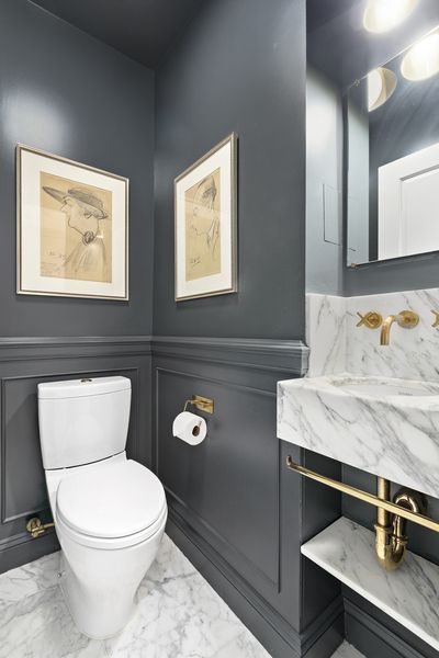 45 East Ninth Street #10 in Greenwich Village, Manhattan | StreetEasy Bold Powder Room, Powder Room Inspiration, Grey Powder Room, Moody Powder Room, Black Powder Room, Luxury Powder Room, Small Downstairs Toilet, Powder Room Ideas, Small Toilet Room