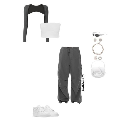 Parachute Pants Outfit Gray, Outfit Inspo With Air Force 1, How To Style Grey Parachute Pants, Gray Tube Top Outfit, Grey Shrug Outfit, Grey Outfit Summer, Gray Parachute Pants Outfit, Gray White Outfit, Grey Tube Top Outfit