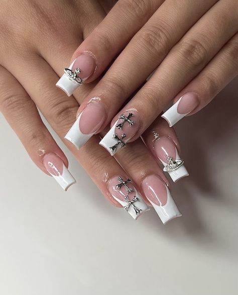 Cross Charm Nails Acrylic, Genre Nails, Nails With Cross Charm, Cross Nail Designs, White French Tips, Cross Nails, Wow Nails, Hard Nails, Cute Simple Nails