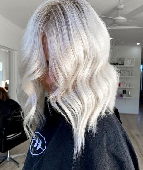 Icy Platinum Blonde Hair With Dark Roots, White Blonde Hair Highlights, Platinum Hair With Dimension, Platinum Blonde Hair Inspiration, Bright White Blonde Hair, White Highlights On Blonde Hair, White Sand Blonde Hair, Platinum Ash Blonde Hair, Platinum Ice Blonde Hair