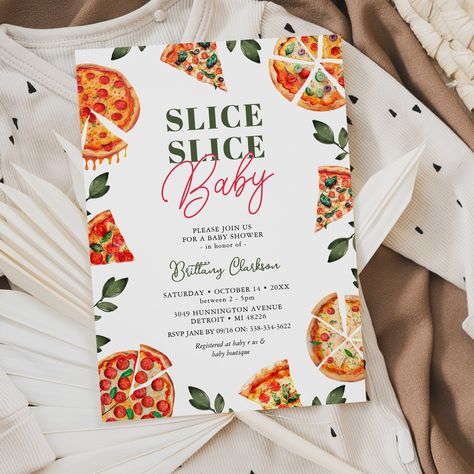 Slice Slice Pizza Baby Shower Invitation Pizza Party Baby Shower Ideas, Work Baby Showers, Gender Neutral Invitations, Slice Pizza, Bebe Shower, Baby Bash, Gender Neutral Baby Shower Invitations, Sprinkle Baby Shower, Delicate Watercolor