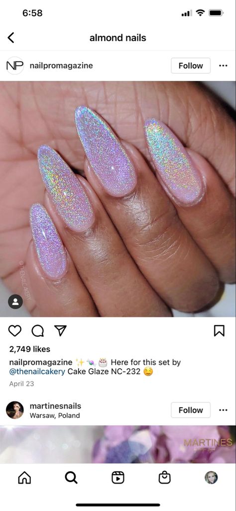 Pastel Holographic Nails, Mermaid Gel X Nails, Trendy Sparkle Nails, Glitter Nails Holographic, Acrylic Nail Designs Holographic, Mermaid Shimmer Nails, Pink Opal Nails Acrylic, Opal Nails With Design, Purple Nails Iridescent