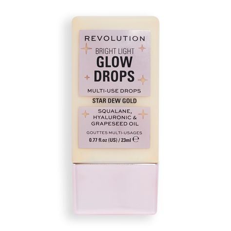 Delivering golden pearly radiance, the Makeup Revolution Bright Light Glow Drops is a liquid highlighter formula that illuminates the skin with a soft halo glow.  Effortlessly buildable and blendable, the drops feature a nourishing blend of squalane, hyaluronic acid and grapeseed oil to hydrate the complexion with wear, without disturbing your pre-applied makeup or skincare. Tap onto the high points of the face and pair with the brand’s Bright Light Bronzing Drops and Blush Drops for a full dewy Revolution Bright Light, Bronzing Drops, Glow Drops, Fixing Spray, Highlighter And Bronzer, Brow Kit, Liquid Highlighter, Blush Highlighter, Makeup To Buy