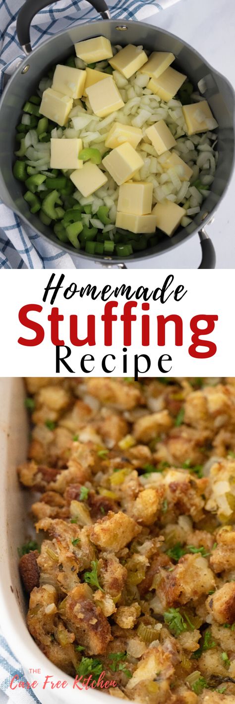 Grandma's Stuffing Recipe is a classic Homemade Thanksgiving Stuffing Recipe from scratch.  I even show you how to make your own Bread cubes if you want.  This is the best stuffing recipe is always a favorite Thanksgiving side dish! #thanksgiving #side #sides #recipe #best #stuffing #dressing #easy #thecarefreekitchen Bread Stuffing Recipes Thanksgiving, The Best Stuffing, Traditional Stuffing Recipe, Thanksgiving Stuffing Recipe, Make Your Own Bread, Homemade Stuffing Recipes, Classic Stuffing Recipe, Best Stuffing Recipe, Easy Stuffing Recipe