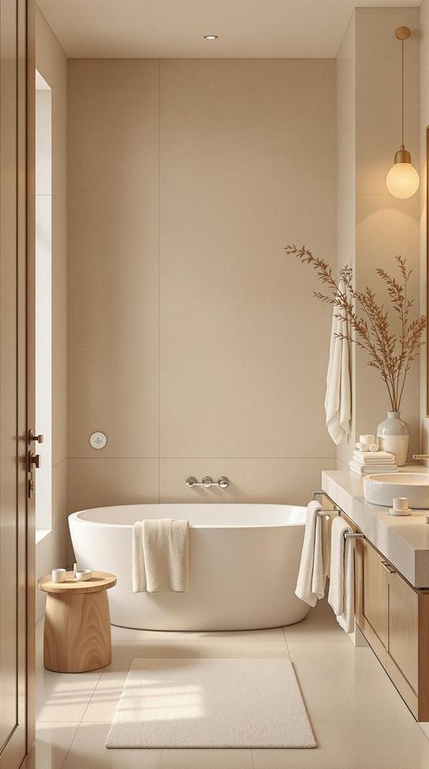 Neutral Bathroom Decor Natural White Bathroom, Cream Wood Bathroom, Beige Neutral Bathroom, Neutral Beige Bathroom, Bathroom Beige Ideas, Beige Bathroom Ideas Decor, Bathroom Beige Tile Color Schemes, Bathroom Design Beige, Accessible Beige Bathroom