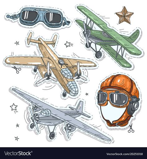 Colorful sticker set retro old aircraft pilot Vector Image Old Aircraft, Plane Propeller, Pilot Career, Pilot Helmet, Colorful Icons, Travel Vector, Army Aviation, Pilots Art, Retro Silhouette