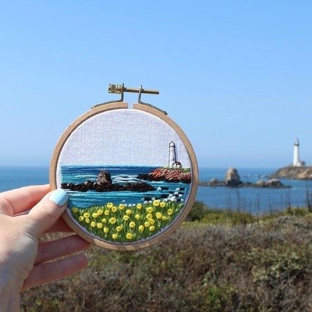 Lighthouse Embroidery Pattern, Embroidered Lighthouse, Lighthouse Embroidery, Pescadero California, Modern Embroidery Kit, Embroidery Hoop Art Diy, Blue Pen, Learning To Embroider, Beginner Embroidery