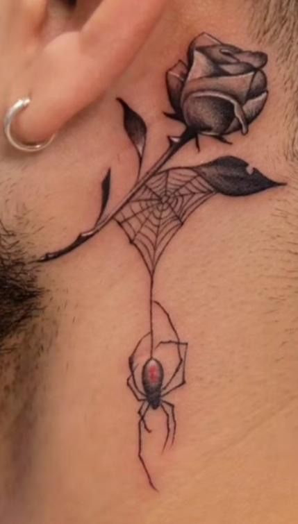 Web Neck Tattoo, Spider Web Neck Tattoo, Face Tattoo Ideas For Men, Neck Tattoo Ideas, Flower Of Life Tattoo, Floral Back Tattoos, Butterfly Tattoos On Arm, Side Neck Tattoo, Family Tattoo Designs