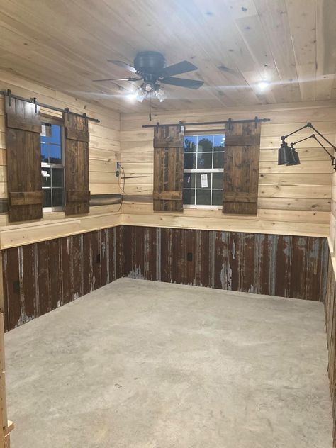 Concrete Porch Cover Up Ideas, Rustic Shop House Interiors, Rustic Cabin Basement Ideas, Farm Style Mobile Home, Tin And Wood Walls Living Room, Rustic Interior Wall Ideas, Sawmill Lumber Interior Walls, Barndominium Interior Walls, Rustic Cabin Walls