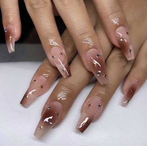 Elegant Gel X Nails, Brown Gel X Nails, Brown Nail Inspiration, Coffin Shape Nails Designs, Glam Acrylic Nails, Brown Nails Inspiration, Gelx Apres Nails, Brown Ombré Nails, Brown Aura Nails