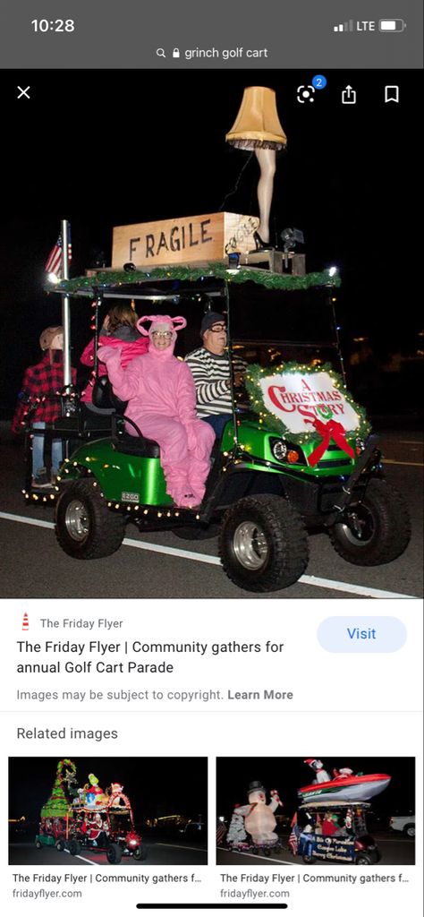 Rzr Christmas Parade Ideas, A Christmas Story Float Ideas, Christmas Story Float Ideas, Christmas In July Boat Decorations, Golf Cart Christmas Lights, Christmas Golf Cart Decorating Ideas, Golf Cart Parade Decorating Ideas, A Christmas Story Parade Float, Side By Side Christmas Parade