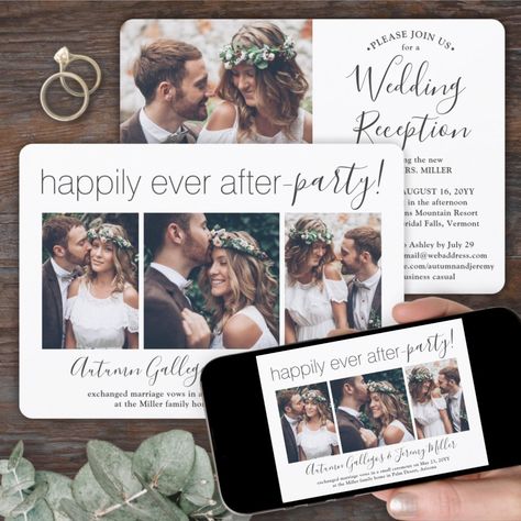 4 Photo Happily Ever After Party Wedding Reception Invitation Sequel Wedding, Shop Wedding Reception, Marriage Date, Collage Invitation, Reception Only Invitations, 4 Photo Collage, Rsvp Website, Elopement Party, Tie The Knot Wedding