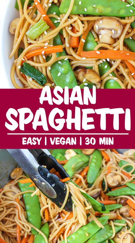 Asian Spaghetti with Garlic & Vegetables (EASY!) | The Garden Grazer Asian Spaghetti, Spaghetti With Mushrooms, Vegan Asian Recipes, Recipes Asian, Vegan Asian, Easy Asian Recipes, Healthy Vegan Snacks, Asian Noodles, Snow Peas