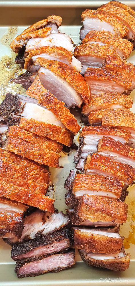 Crispy Roasted Pork Belly | Sweet2Savoury Pork Belly Oven Roasted, Crispy Roast Pork Belly, Belly Pork Recipe, Pork Belly Fried Rice, Pork Belly Oven, Pork Belly Recipe Oven, Pork Belly Crackling, Best Pork Belly Recipe, Sliced Pork Belly