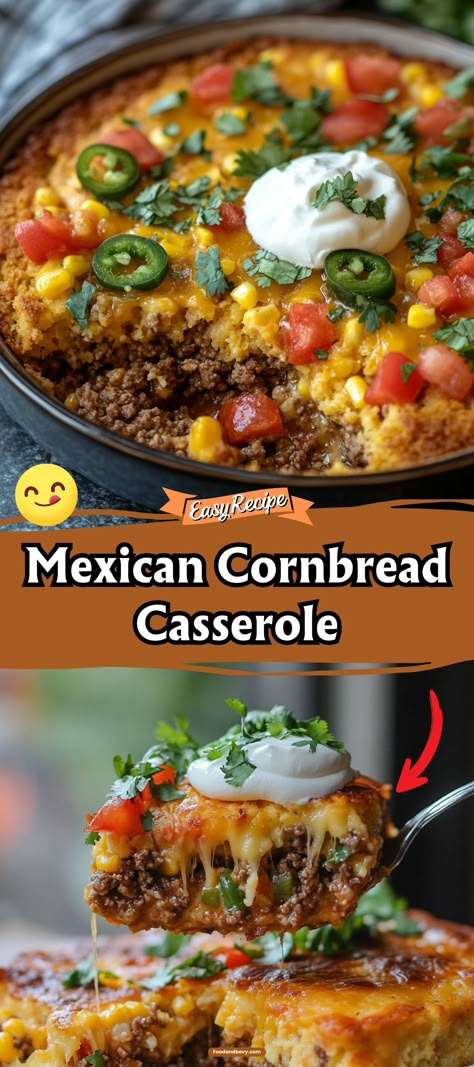 Mexican Cornbread Casserole blends spicy ground meat, sweet corn, and jalapeños with a golden cornbread topping for a zesty twist on classic comfort food. Serve this flavorful dish as a standalone meal or a lively side at your next family dinner. It’s sure to be a crowd-pleaser! #CornbreadCasserole #MexicanCuisine #ComfortFood Enchilada Casserole Cornbread, Fiesta Cornbread Taco Bake, Loaded Southwest Cornbread Bake With Bacon, Easy Fiesta Cornbread, Freezer Mexican Casserole, Meals To Make With Cornbread, Cornbread Enchilada Casserole, Mexican Weeknight Dinner, Meals To Go With Cornbread