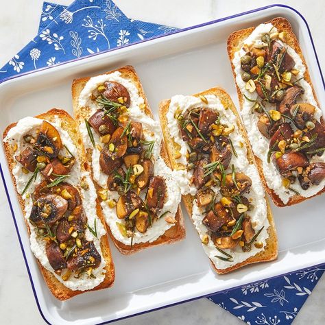 Recipe: Ricotta & Mushroom Baguettes with Fried Rosemary & Pistachios - Blue Apron Ricotta Mushroom, Recipe Ricotta, Roasted Pistachios, Breaded Mushrooms, Blue Apron Recipes, Whipped Ricotta, Toast In The Oven, How To Cook Mushrooms, Blue Apron