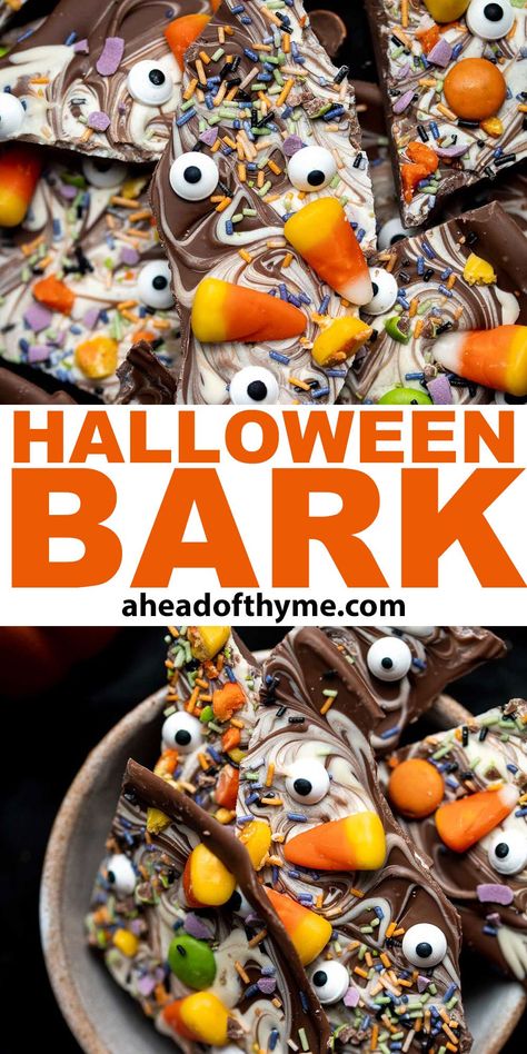 Halloween Bark is a delicious, sweet, and fun to make chocolate treat. It can be customized with your favorite sprinkles and Halloween candy. This quick and easy no bake recipe is easy to make with a handful of ingredients and minimal prep time — perfect to make with the kids! Sweet, melt-in-your mouth chocolate meets chewy candy corn and crunchy candy and sprinkles. The whole family will love this chocolate bark. It stores well too. | aheadofthyme.com #halloweenbark #chocola via @aheadofthyme Melting Chocolate Ideas, Halloween Chocolate Bark Recipes, Quick And Easy Halloween Treats, Chocolate Melts Ideas, Halloween Bark Candy, Bark Candy Recipes, Boo Bark, Halloween Chocolate Bark, Halloween Candy Ideas